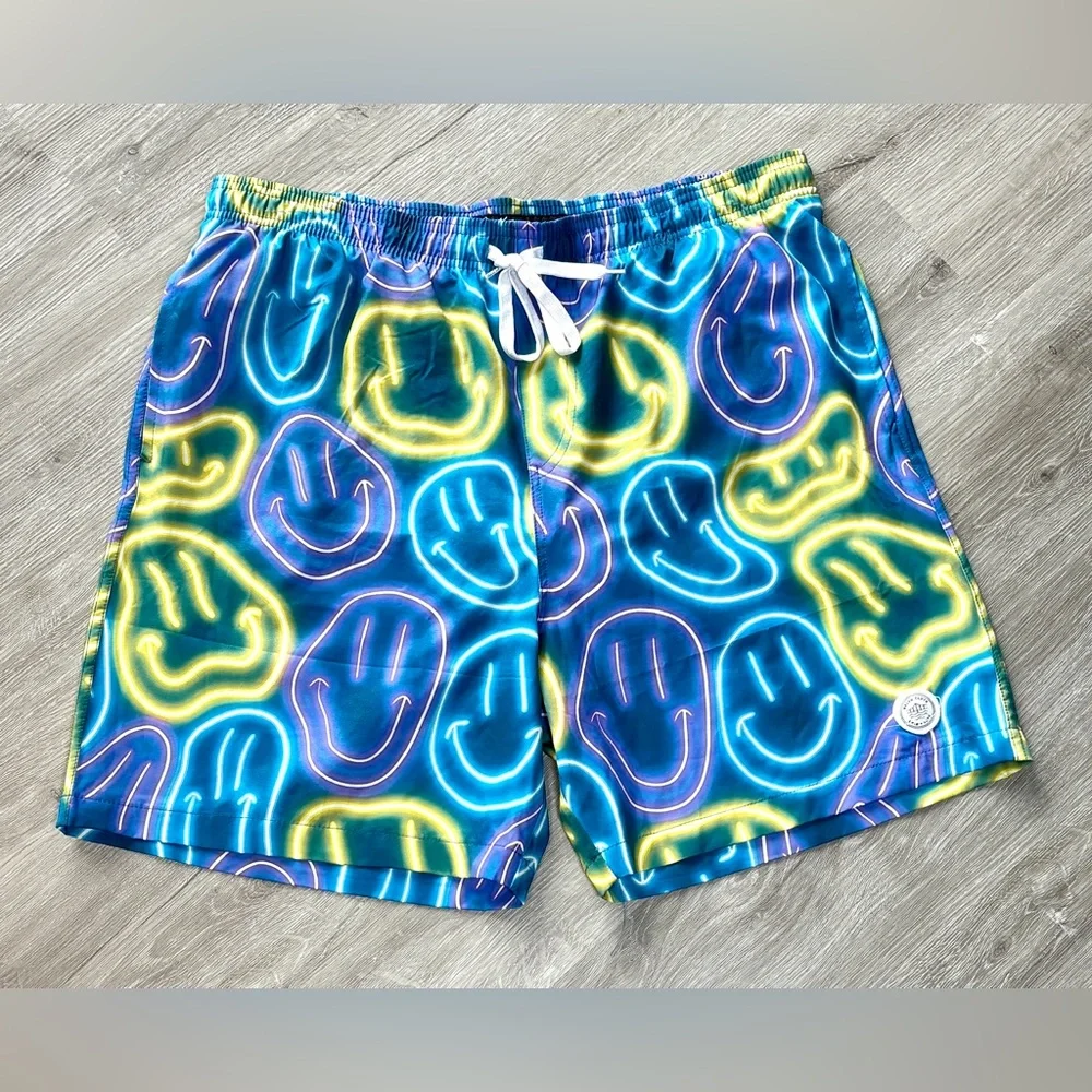 Brooklyn Cloth Swim Trunks Mens Multicolor Neon Smileys Shorts Size XL